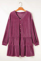Plus Size Textured Velvet Long Sleeve Dress with Decorative Buttons