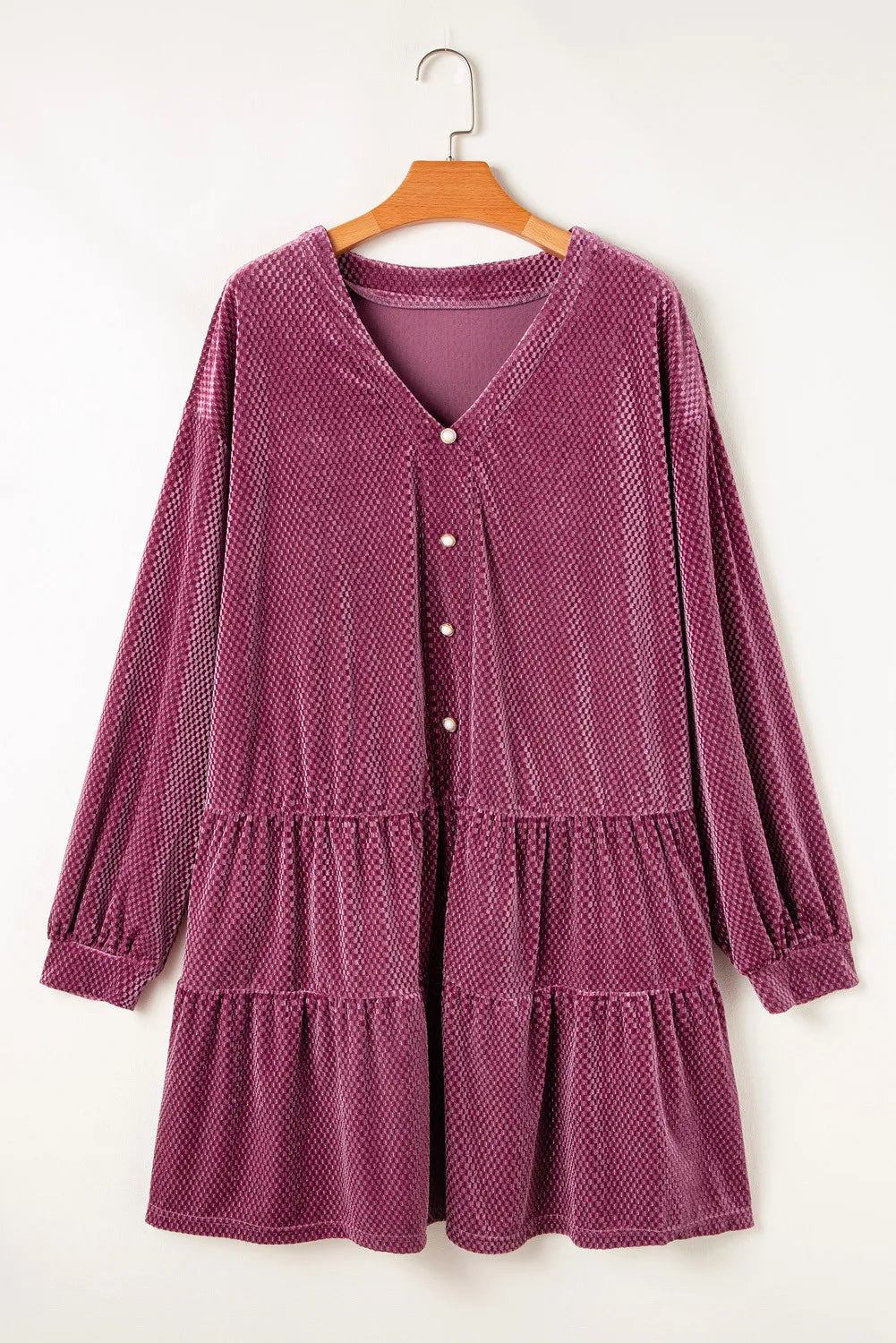 Plus Size Textured Velvet Long Sleeve Dress with Decorative Buttons
