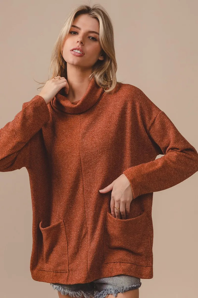 BiBi Piper Rib Sweater Turtle Neck Rust Double Front Pockets Oversized Top 2157647203ef4f6592df05ad41d9418d-Max-Origin Trendsi