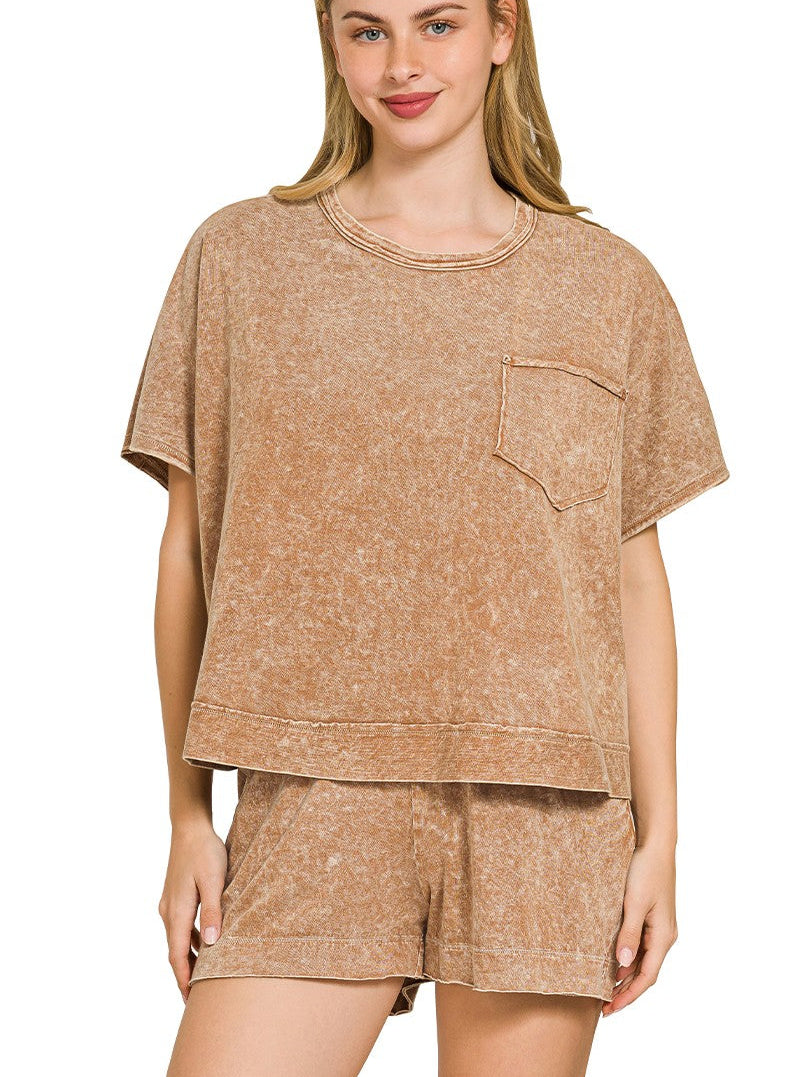 Zenana Halo Snow Washed Boxy Top & Shorts Set