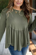 Plus Size Peplum Long Sleeve Blouse with Round Neck