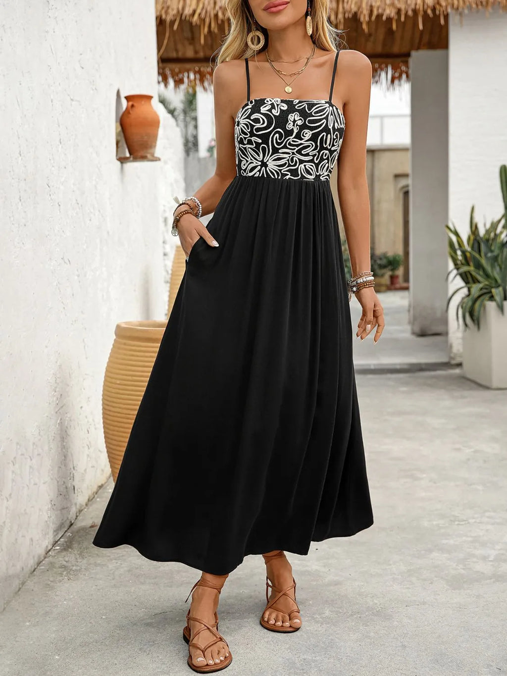 Midi Cami Dress Black Smocked Ruched Embroidered with Pockets Black 2165021a-756e-4533-9d7e-605b3c2de22f-Max-Origin Trendsi