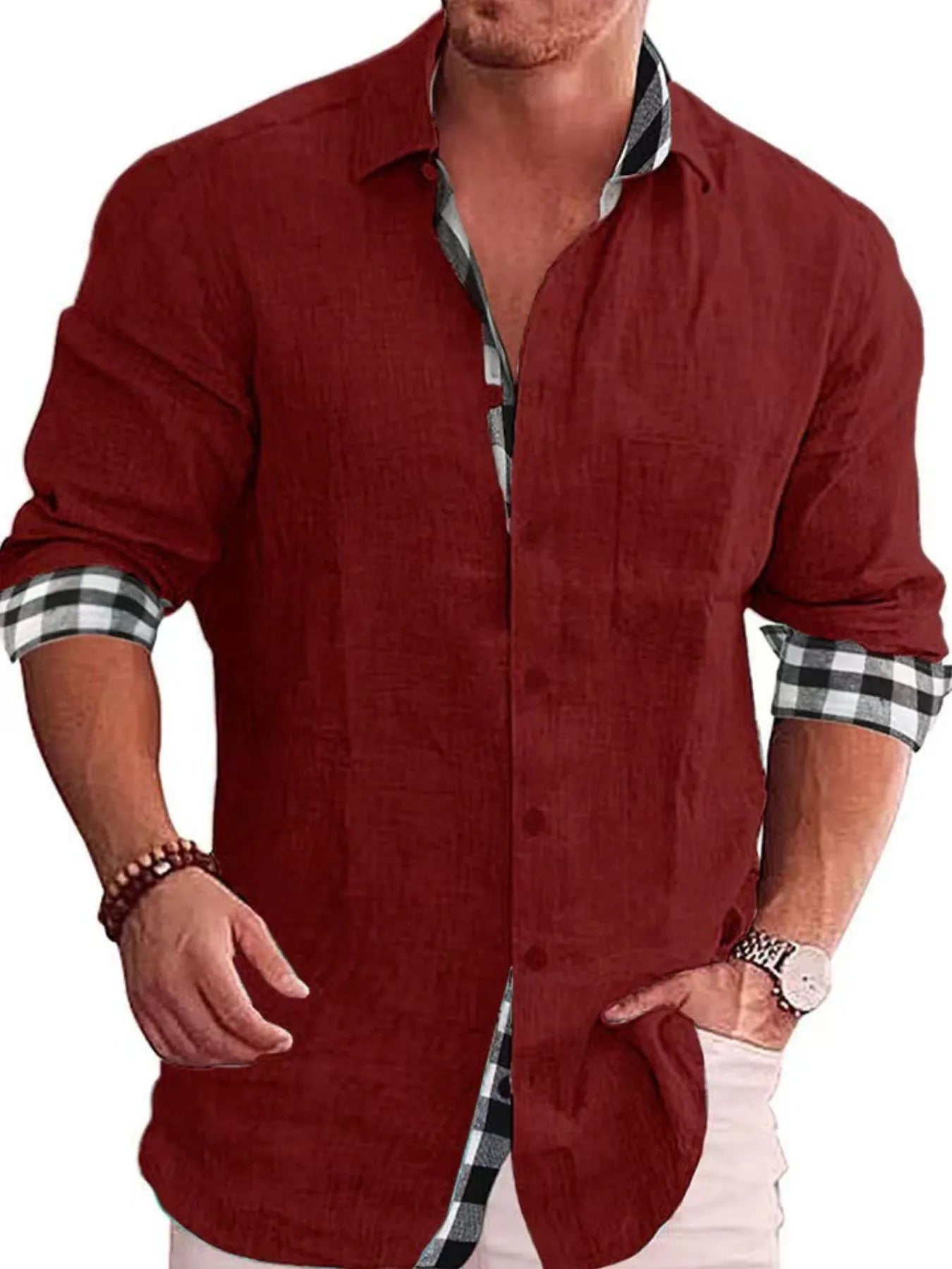 Men's Shirts Casual Cotton Blend Plaid-Trim Long Sleeve Lightweight Tops Burgundy 2168b971-3d84-4531-8b8a-6eb63ab8578e-Max-Origin Trendsi
