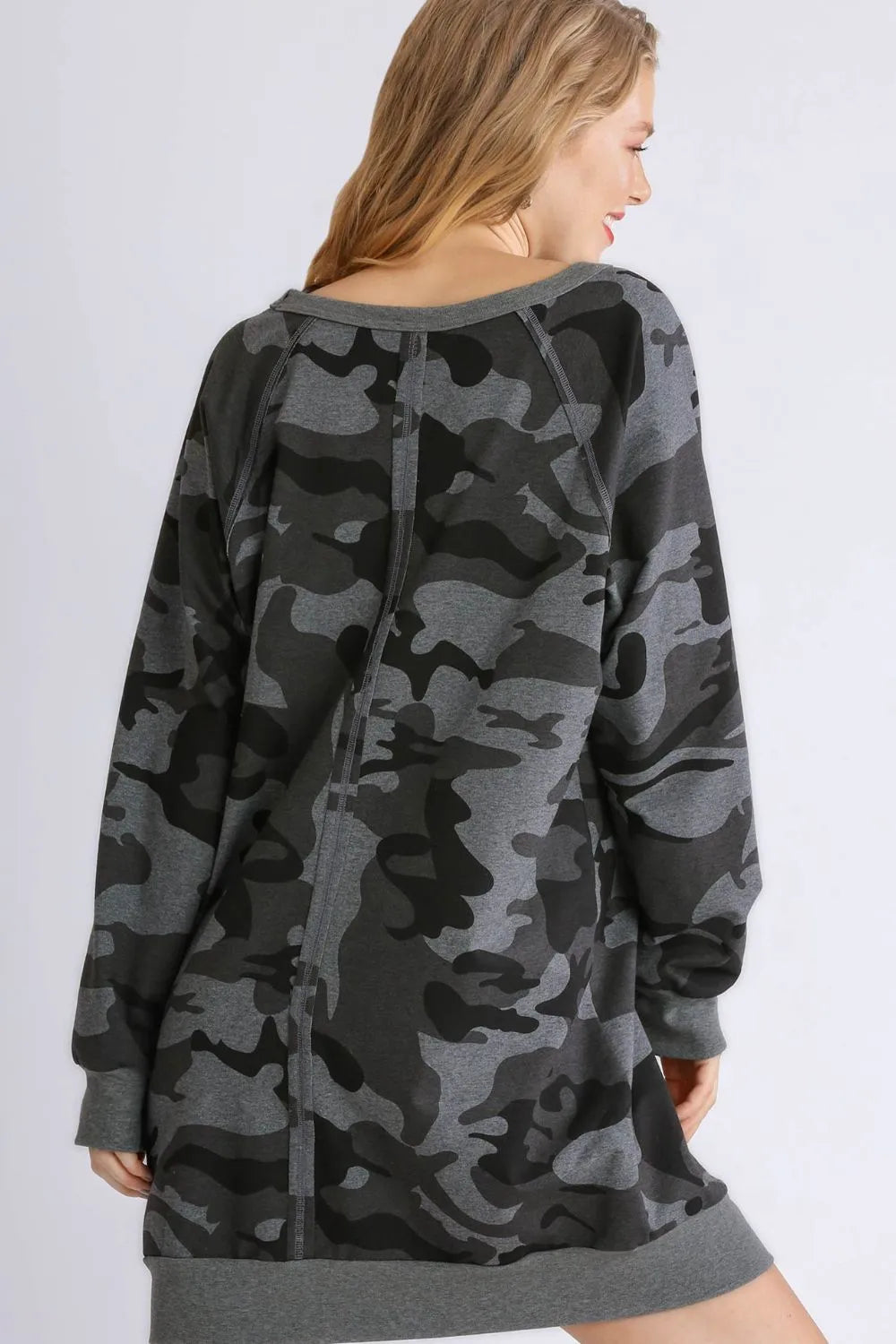 Umgee Mini Dress Camouflage Print Dark Gray Ribbed Hem French Terry 2181725e-1711-4fb3-8a9c-f14b47f4a4a1-Max Trendsi