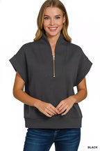 Zenana Womens Blouse Black Scuba High Neck Half Zip Top Sort Sleeve 218f0bf3-08a9-4722-a7aa-ef815501f423-Max-Origin Trendsi