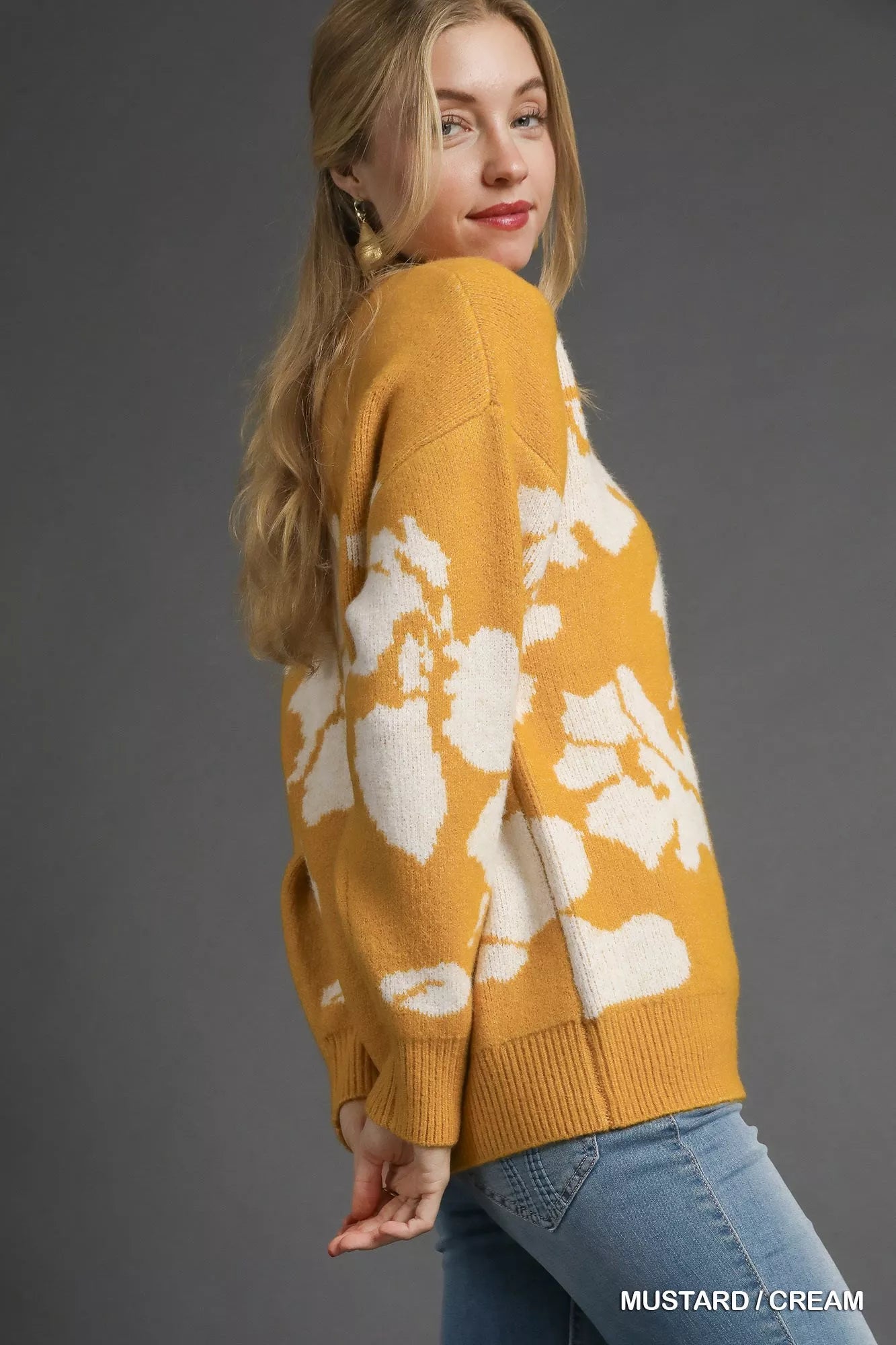 Umgee Women's Sweater Floral Mustard Long Sleeve Round Neck Pullover