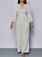 Polka Dot Long Sleeve Wide Leg Jumpsuit with Pockets
