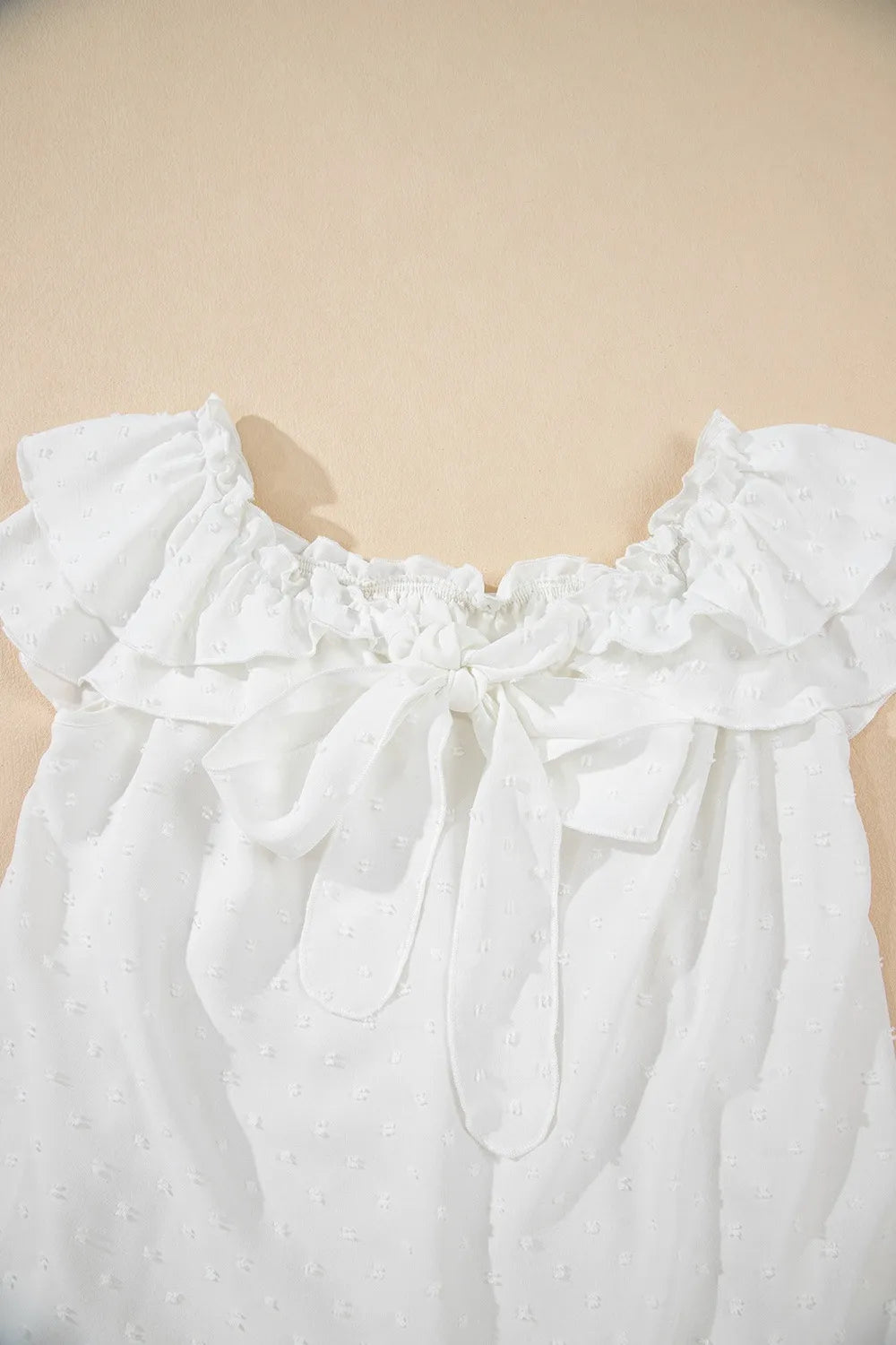 Women's Blouse Swiss Dot White Off Shoulder Bow Ruffle Knotted Detail 219dead9-46fb-4b60-96fa-883879deb967-Max-Origin Trendsi