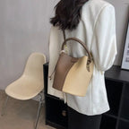 Women's Bucket Bag Small Coffee Brown PU Leather Two-Tone Casual Crossbody