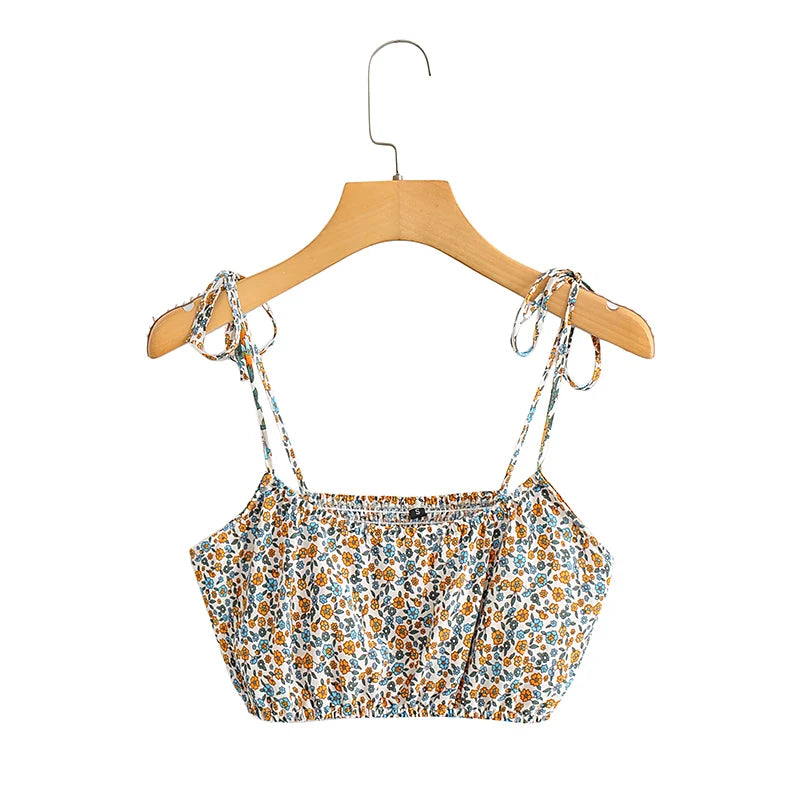 Women Floral Bohemian Outfits Strap Crop Tops Drawstring Mini Skirts Summer 2 Pcs