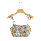 Women Floral Bohemian Outfits Strap Crop Tops Drawstring Mini Skirts Summer 2 Pcs