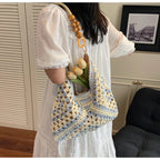 Women's Beach Crochet Shoulder Bag Medium Wave Knit Woven Blue Handbag