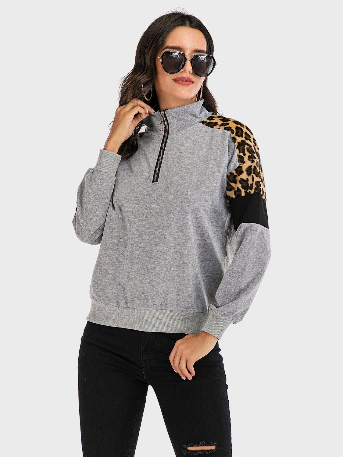 Perfee Sweatshirt Contrast Leopard Half Zip Long Sleeve Tops Gray 21a8f98f-2a3d-4c4b-94d7-dae659c046af-Max Trendsi