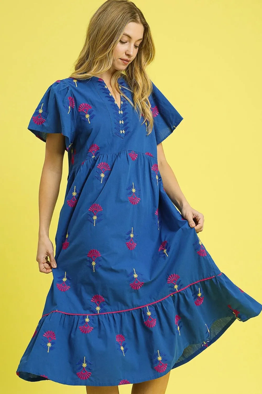Umgee Midi Dress Dark Blue Flower Embroidered Tiered Ruffle Short Sleeve Dark Blue 21af0a53-e7d8-4588-844a-30745cd96d77-Max-Origin Trendsi
