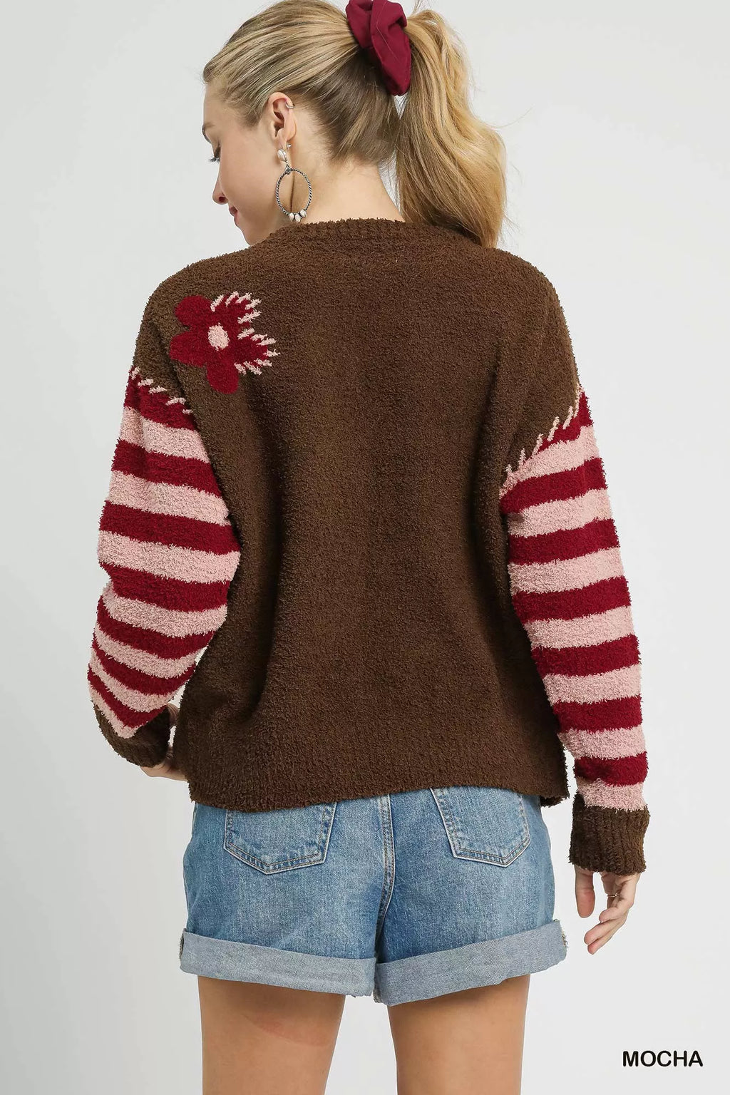 Umgee Sweater Mocha Flower Jacquard Striped Long Sleeve Knit Pullover 21c047fa-ab8b-4642-844e-82e00d5477eb-Max-Origin Trendsi