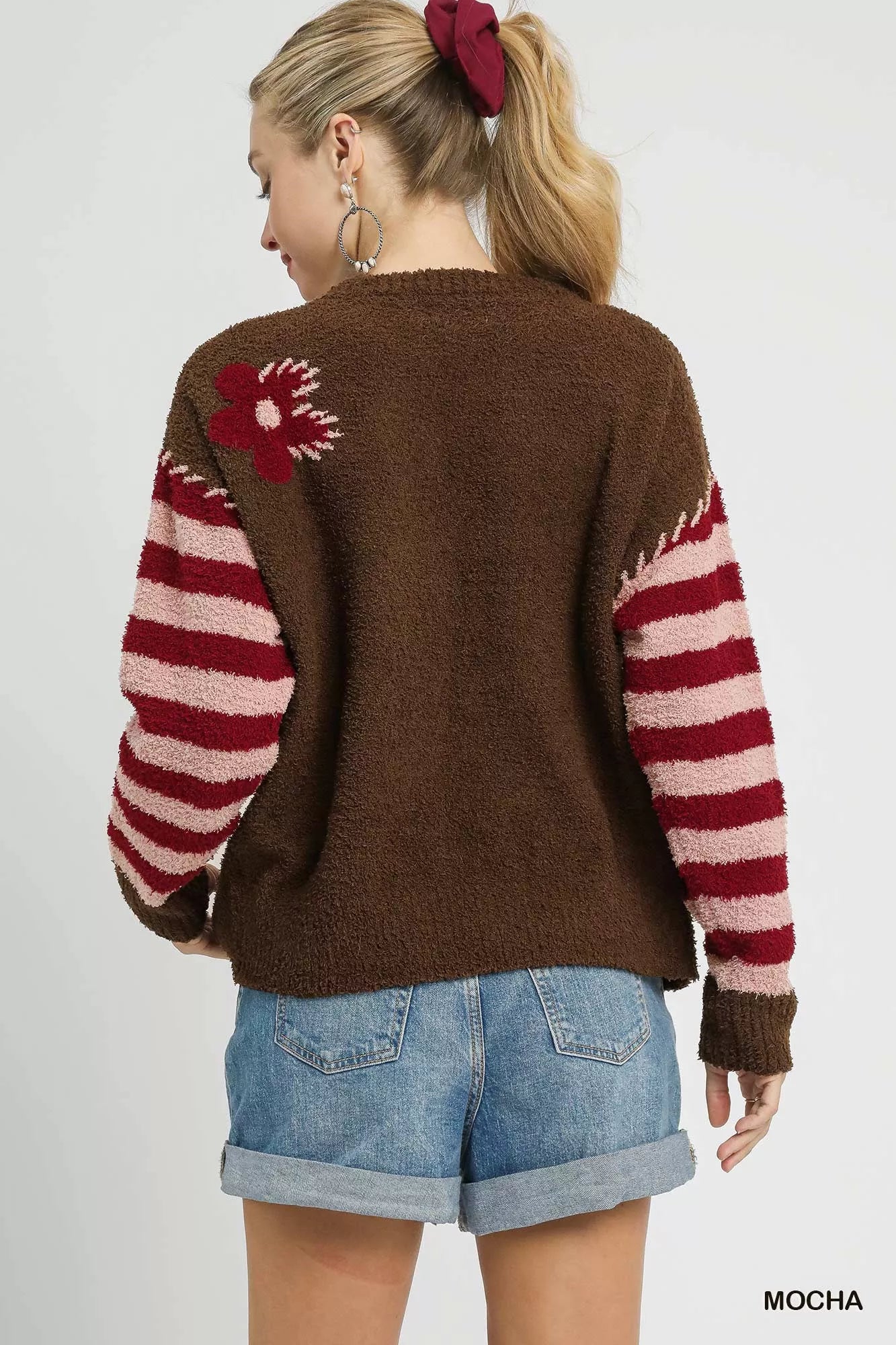 Umgee Sweater Mocha Flower Jacquard Striped Long Sleeve Knit Pullover 21c047fa-ab8b-4642-844e-82e00d5477eb-Max-Origin Trendsi