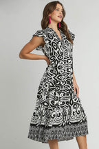 Umgee Midi Dress Floral Black Two Tone Border Print Ruffle Cap Short Sleeve 21d40196-6dfe-46d8-aef6-88118896b6dd-Max Trendsi