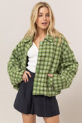 HYFVE Women Jacket Tweed Green Plaid Button Up Collared Neck Long Sleeve Outwear Green 21d70a49-3be3-4b6d-baa2-1fa77d3e9930-Max Trendsi