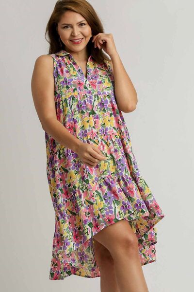 Umgee Floral Tiered Dress V Neck Sleeveless High-Low Hem Ruffle Violet 21d72cb7-a4eb-4ade-9c09-f651a0d70d41-Min Trendsi