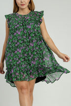 Umgee Ruffle Dress Smocked Dark Green Floral Metallic Print Short Sleeve S-2XL 21da37c5-f0a0-45d9-8e81-6d8bdc69ee54-Max Trendsi