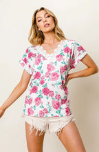 BiBi T-shirt Floral Rose Printed Poly Span Fuchsia Pink with Crochet Lace Top 21e240dc0fca4b5c9c8329f721daf16c-Max-Origin Trendsi