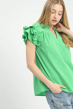 Umgee Blouse Green Textured Ruffle Short Sleeve Notched Top 21e2b4aa-5b3c-4651-afe5-1c1260daabc8-Max-Origin Trendsi
