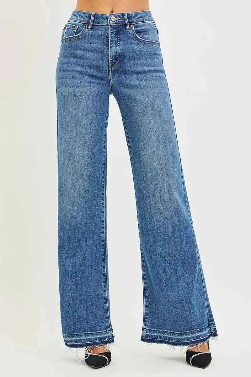 RISEN High Rise Wide Leg Jeans With Released Hem Raw Hem Denim Pants MEDIUM 21e6353ea0f04fd1a13b345702b26e9a-Max-Origin Trendsi