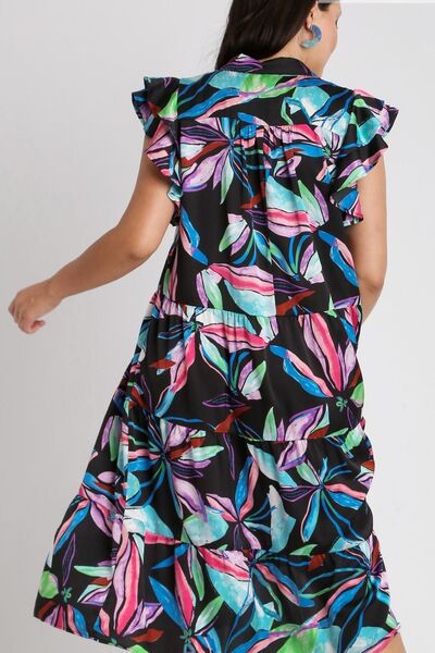 Umgee Ruffle Dress Leaf Black Colorful Print Double Layered Short Sleeve 21e9abd1-86ef-4955-a5f0-35066b96ae7a-Min Trendsi