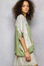 POL Floral Blouse Sage Patchwork Lace Accent Short Sleeve Top 21f353f9-3740-407b-9f5e-f8d130d7a97f-Max-Origin Trendsi