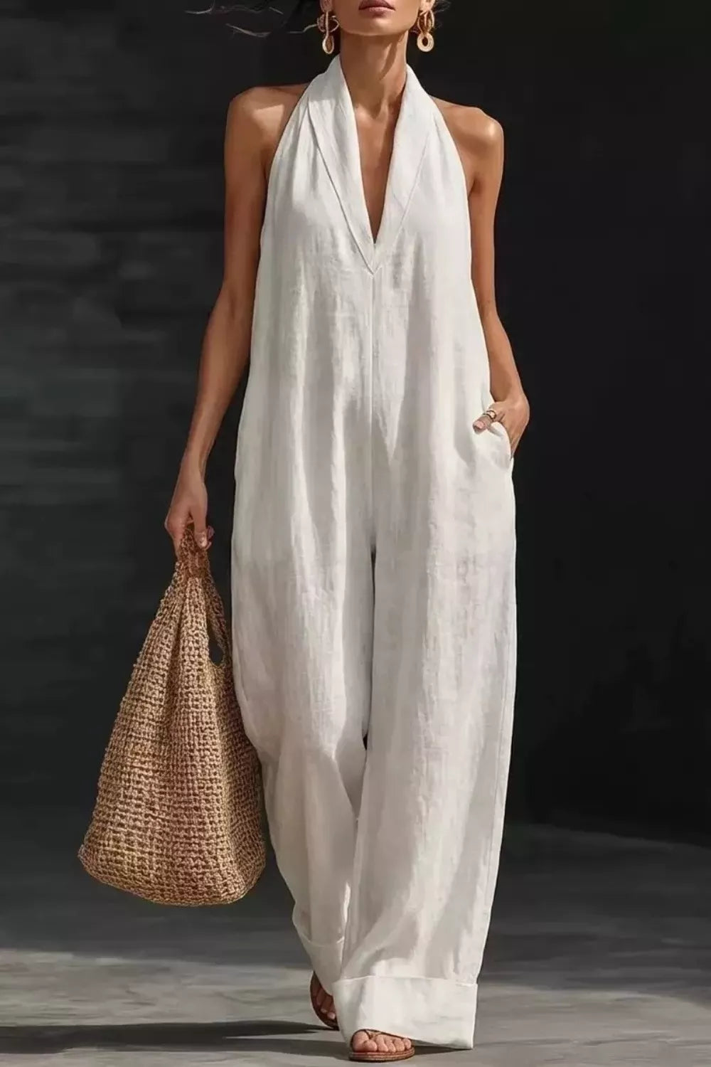 Sleeveless Wide-Leg Jumpsuit with Pockets, 100% Polyester, Machine Washable
