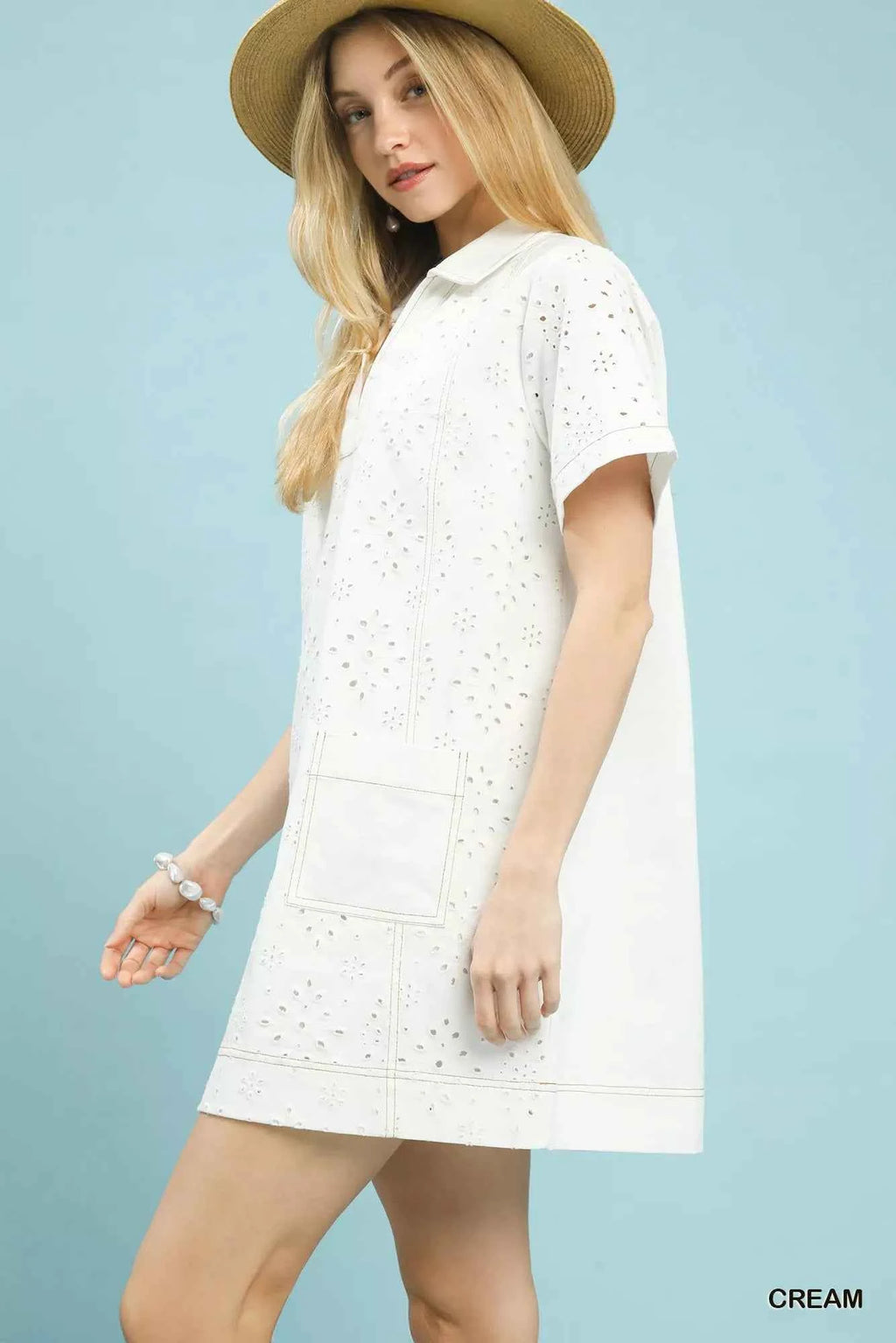 Umgee Shift Mini Dress Cream Eyelet Cotton Short Sleeve with Pocket 21f86b95-fd05-4b82-af51-cd56b7fb3259-Max-Origin Trendsi