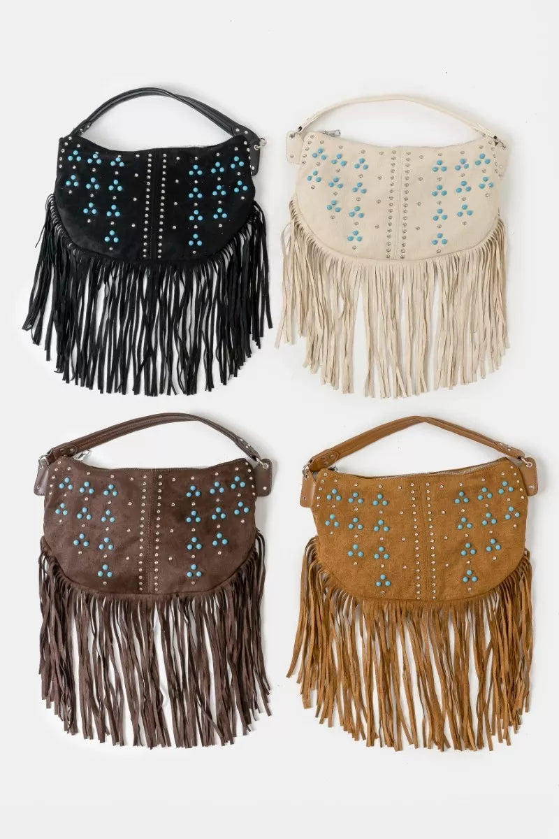 Fame Accessories Hobo Shoulder Bag Studded Pattern Multi Fringe 21fbca07-3163-4954-ac3d-56b26dd0da66-Max-Origin Trendsi