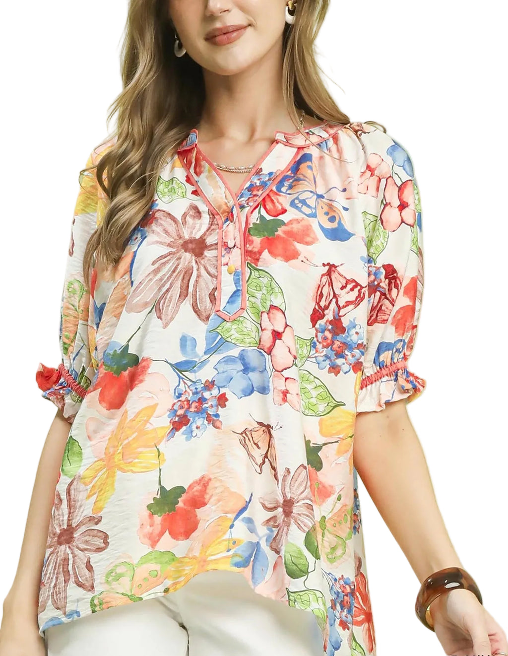 Umgee Watercolor Floral Print Top with High-Low Hem