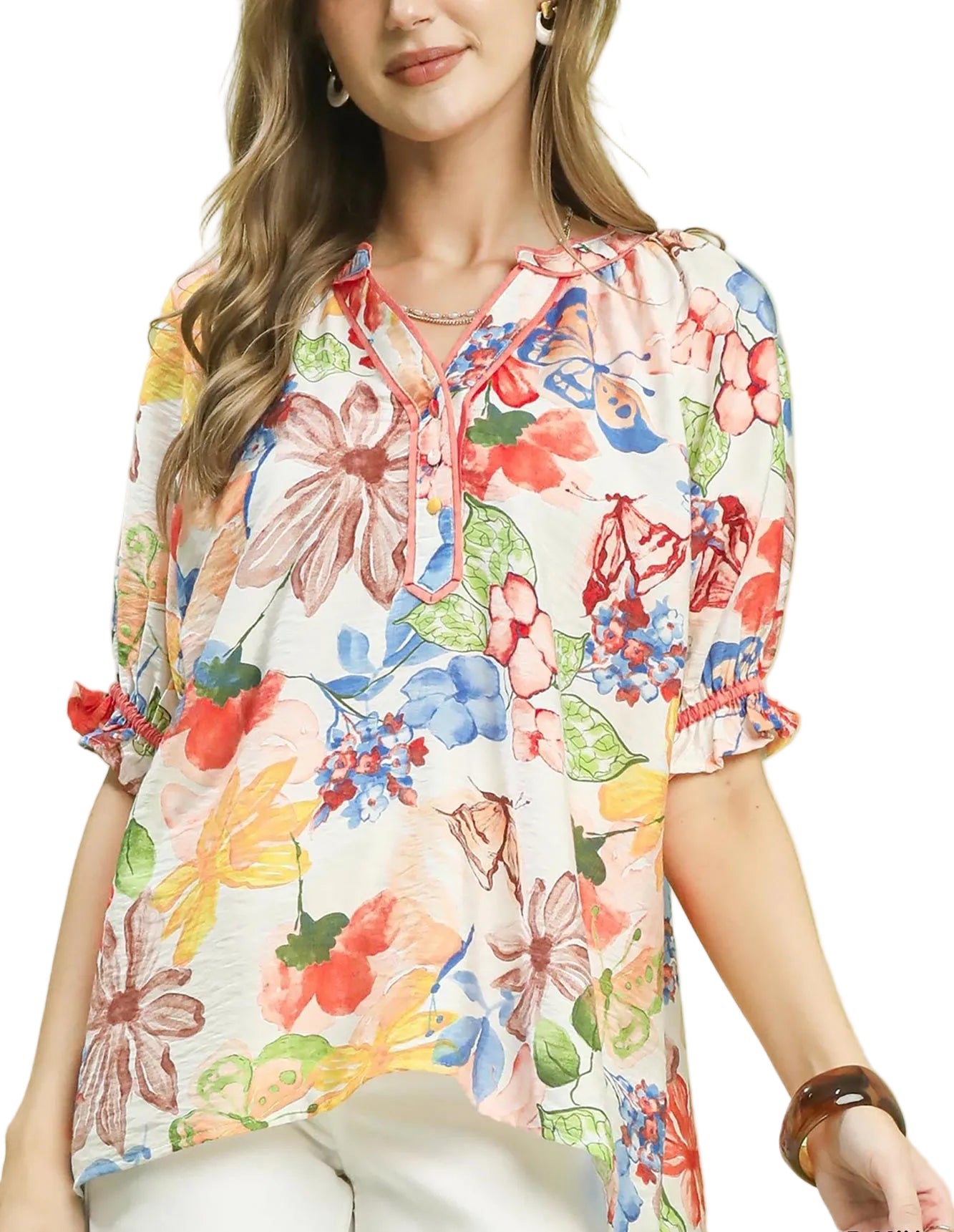 Umgee Watercolor Floral Print Top with High-Low Hem