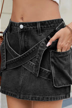 Denim Mini Skirt Criss-Cross Waist Detail with Crago Pockets Blue Black 21feb616-77ec-4497-9efe-c4e0492f250f-Max-Origin Trendsi