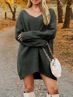 V-Neck Sweater Knit Dress Oversized Dropped Shoulder Sweater Dress 21ff05dd-f03b-4881-a9c2-438a44602f86-Max Trendsi