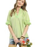 Umgee Stripe Ruffle Sleeve Split-Neck Blouse