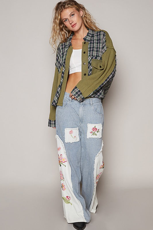 POL Women Plaid Cotton Shirt Olive Button Down Chest Pockets Long Sleeve 22148b7b-0d69-48bb-9fdf-7c6b2a2c4f79-Max Trendsi