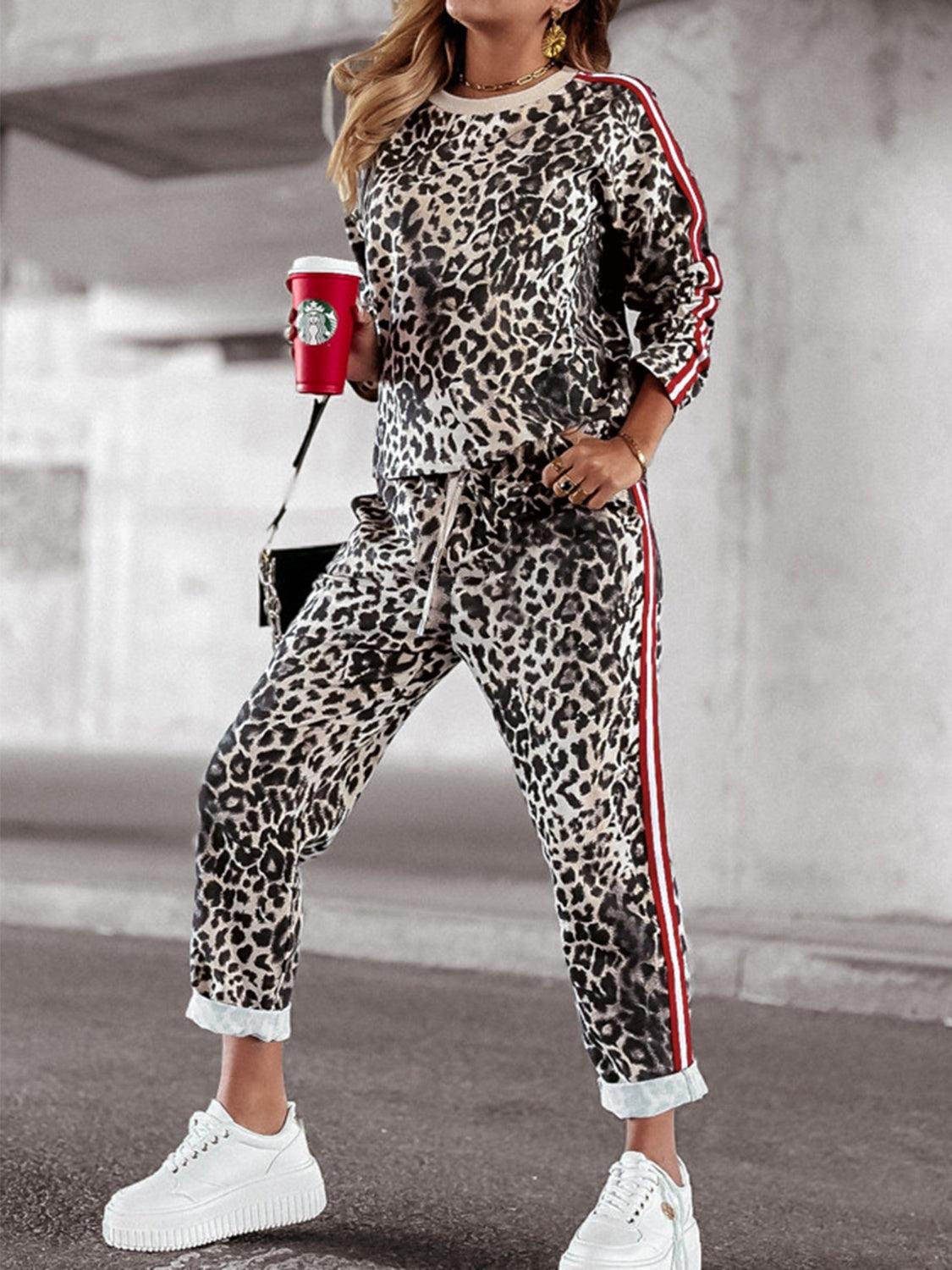 Leopard Outfit Set YO Fashionable Round Neck Long Sleeve Top and Pants Set