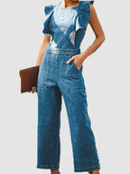 Sleeveless Denim Jumpsuit with Ruffle Detail and Tie Front
