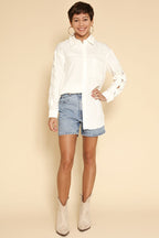 Women's Shirt Bow-Sleeve Collared Button-Down Long-Sleeve Blouse White