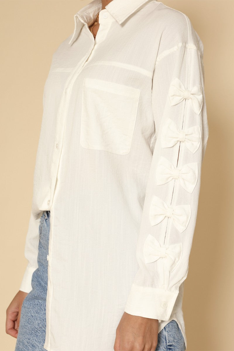 Women's Shirt Bow-Sleeve Collared Button-Down Long-Sleeve Blouse White