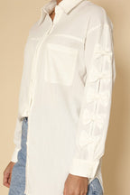 Women's Shirt Bow-Sleeve Collared Button-Down Long-Sleeve Blouse White
