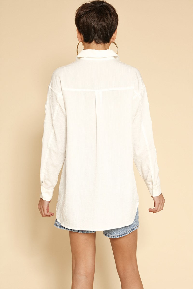 Women's Shirt Bow-Sleeve Collared Button-Down Long-Sleeve Blouse White