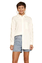 Women's Shirt Bow-Sleeve Collared Button-Down Long-Sleeve Blouse White