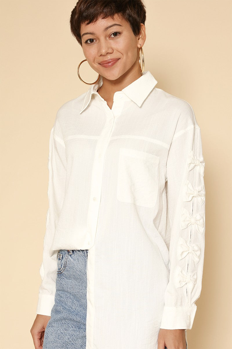 Women's Shirt Bow-Sleeve Collared Button-Down Long-Sleeve Blouse White