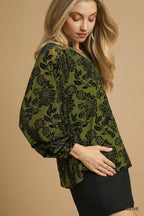 Umgee Velvet Blouse Olive Floral with Balloon Long Sleeves Top 2222ccc5-82ee-4c53-82f0-7de7fc703040-Max-Origin Trendsi