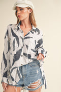 Aemi + Co Cotton Shirt High-Low White Printed Button Up Long Sleeve Top White 222836b1-5e0a-4f63-adb5-46e1584863a3-Max Trendsi
