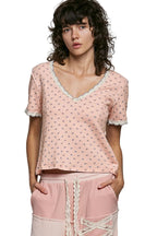 POL Floral V-Neck Short Sleeve Ribbed T-Shirt