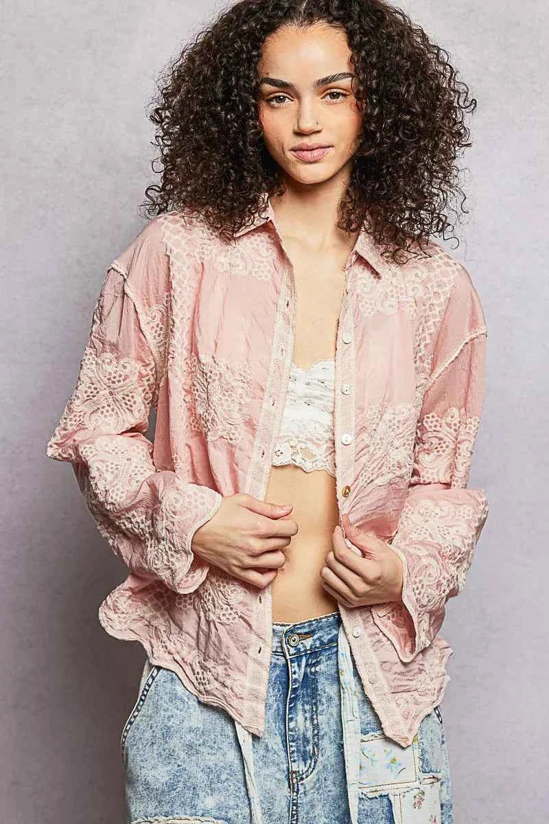 POL Women Shirt Pink Embroidery Floral Long Sleeve Top 2236103b-8715-474b-a30e-955342380336-Max-Origin Trendsi